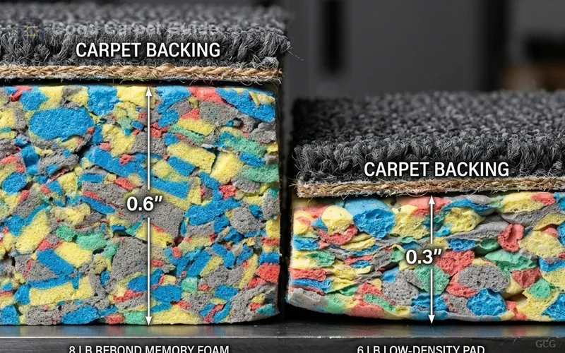 Carpet padding cross section showing dense rebond pad and compressed low-density pad