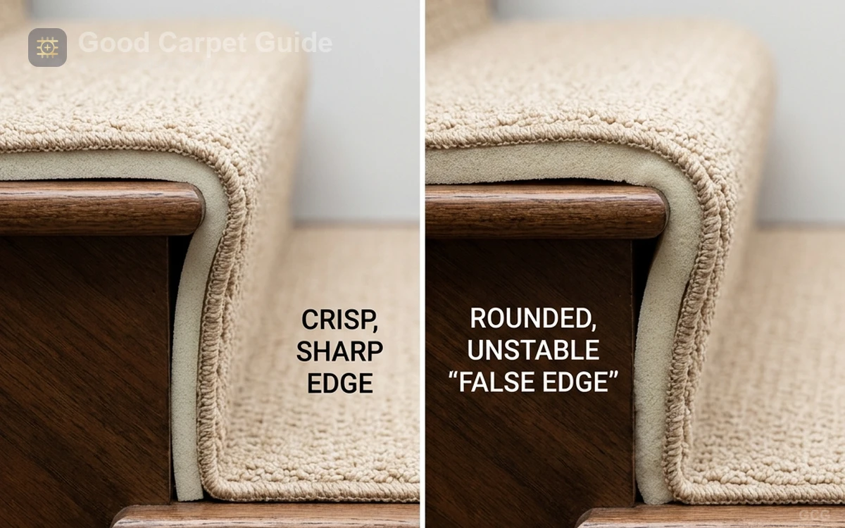 Side-by-side comparison of 3/8-inch dense pad versus 1/2-inch thick soft pad on stair nosing