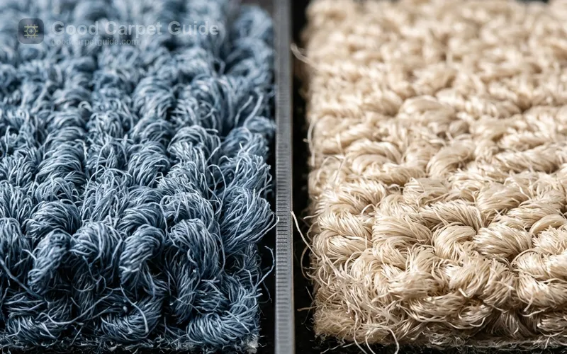 Carpet fiber compression comparison showing nylon recovery and polyester matting