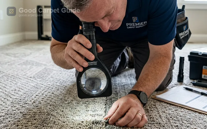 Installer inspecting carpet seam alignment and shading mismatch