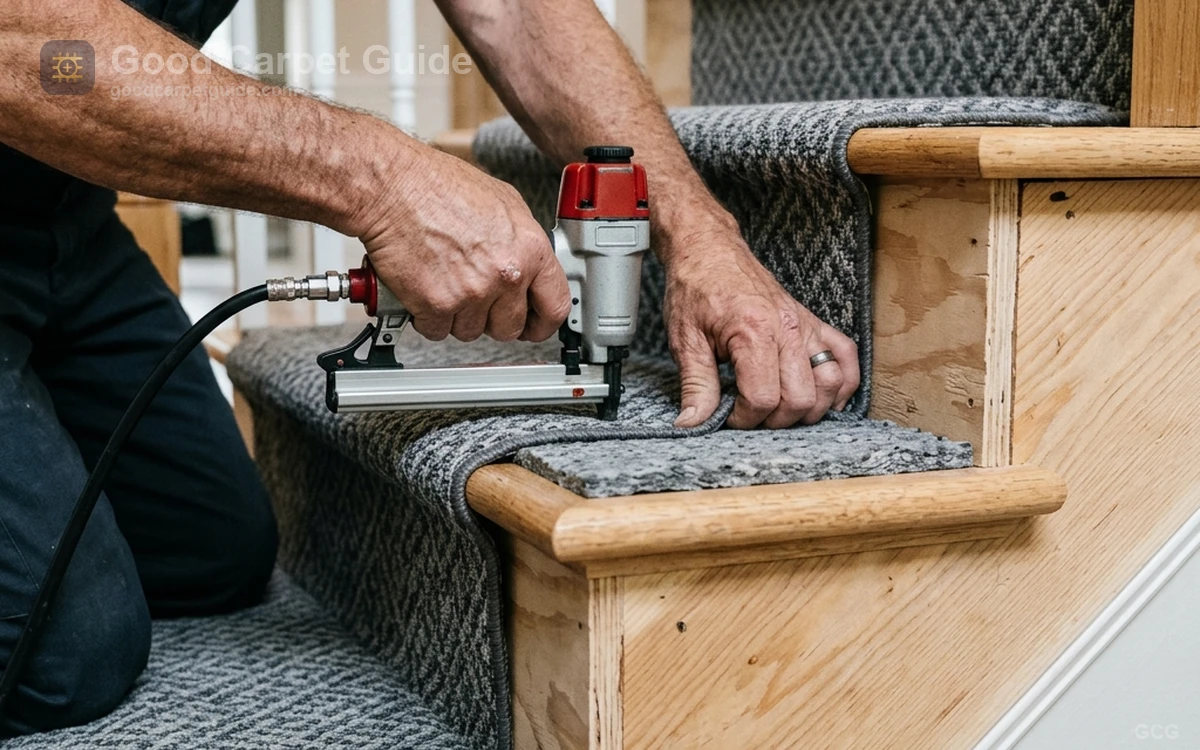 Professional stair installation showing padded tread and unpadded riser