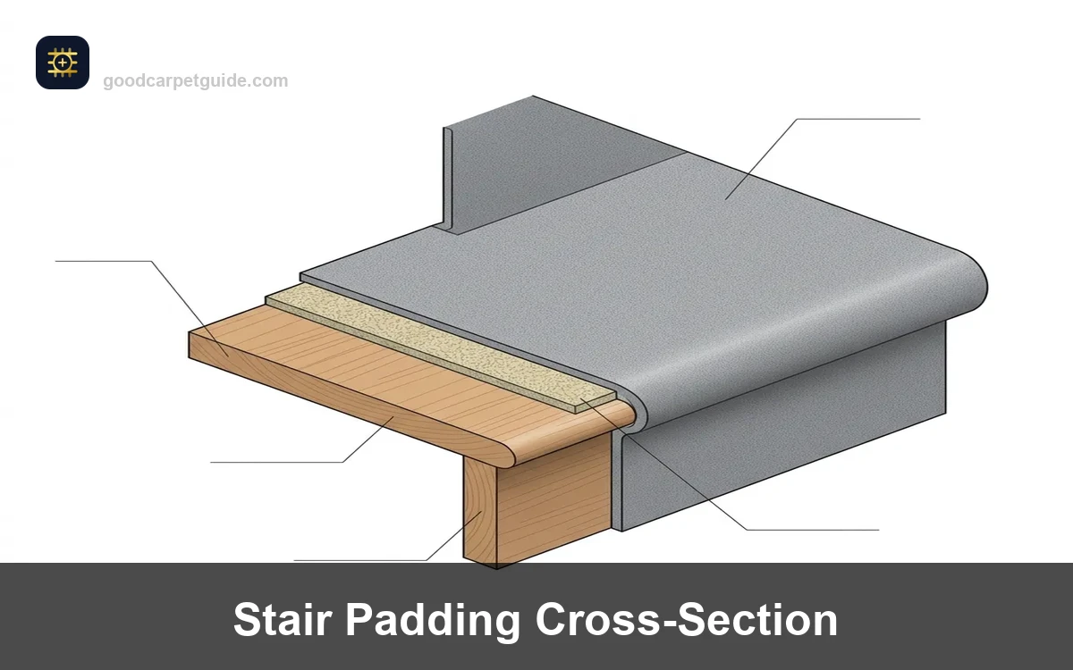 Cross-section diagram showing carpet, padding, tread, nosing, riser, and tack strip on a staircase