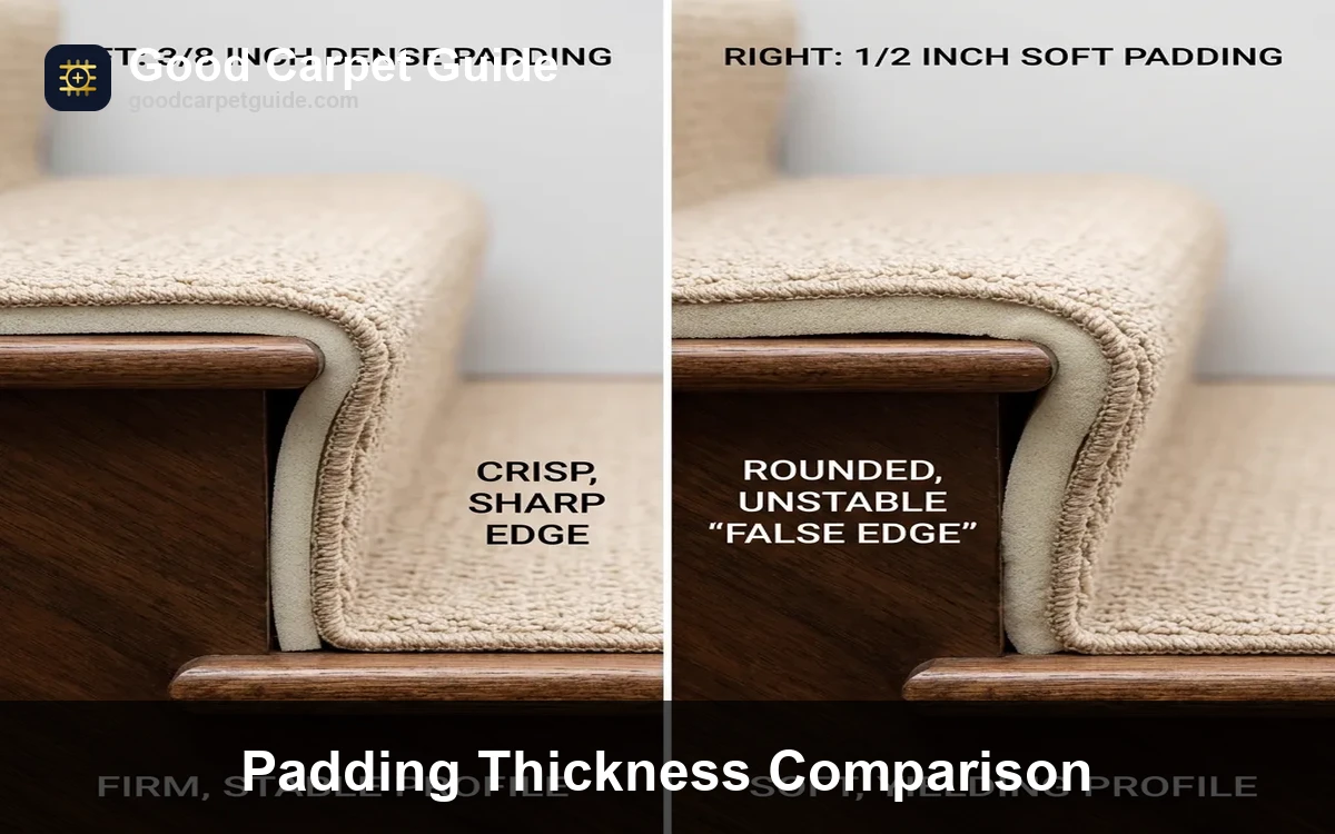 Side-by-side comparison of 3/8-inch dense pad versus 1/2-inch thick soft pad on stair nosing