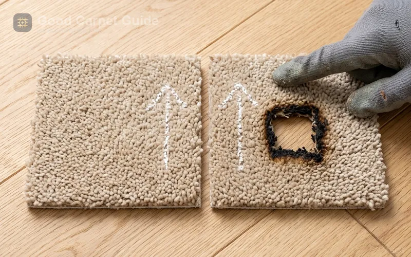 Donor carpet patch aligned with nap direction before insertion into burn cavity in residential setting
