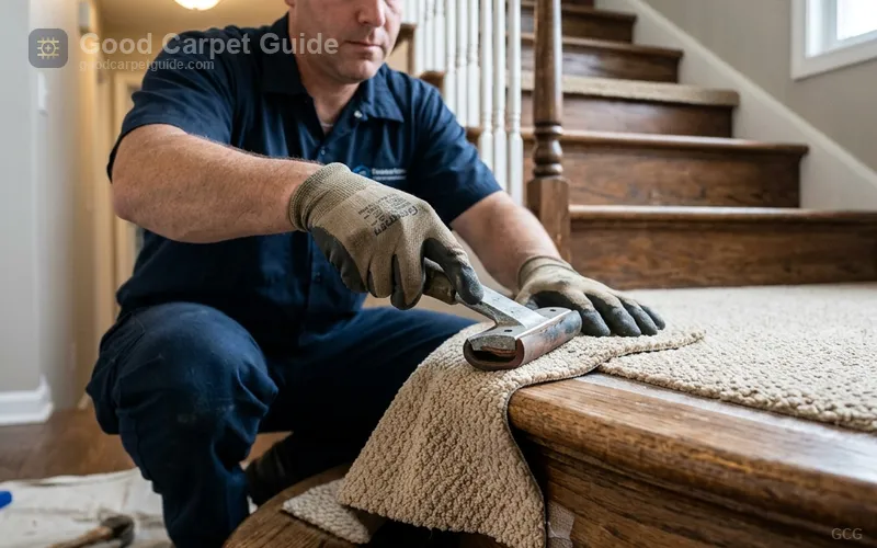 Staircase carpet installation showing high-tension seam bonding on bullnose geometry