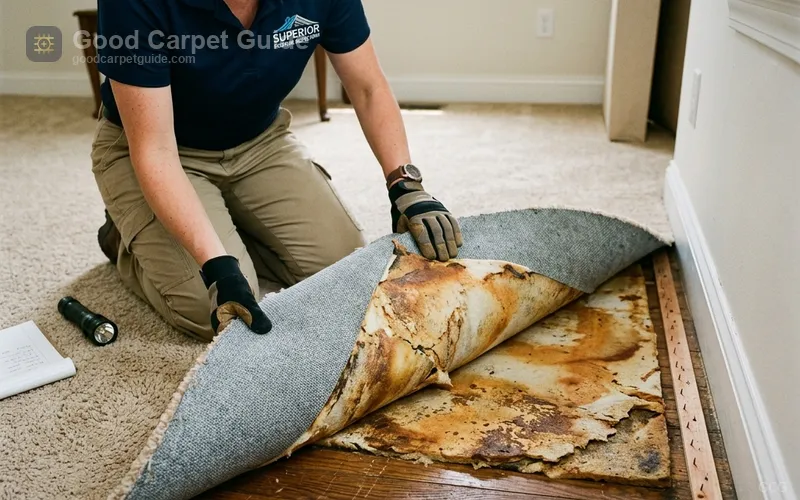 Technician lifting carpet to inspect contaminated padding