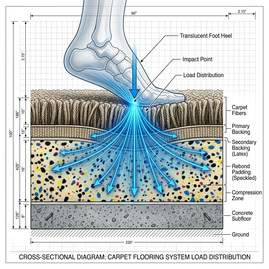 Cross-section diagram showing carpet, backing, padding, and subfloor interaction under foot pressure