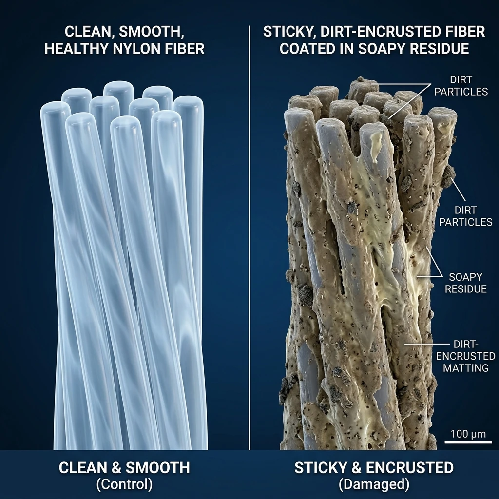 Close-up comparison between a clean low-residue carpet fiber and a sticky residue-coated fiber under magnification.