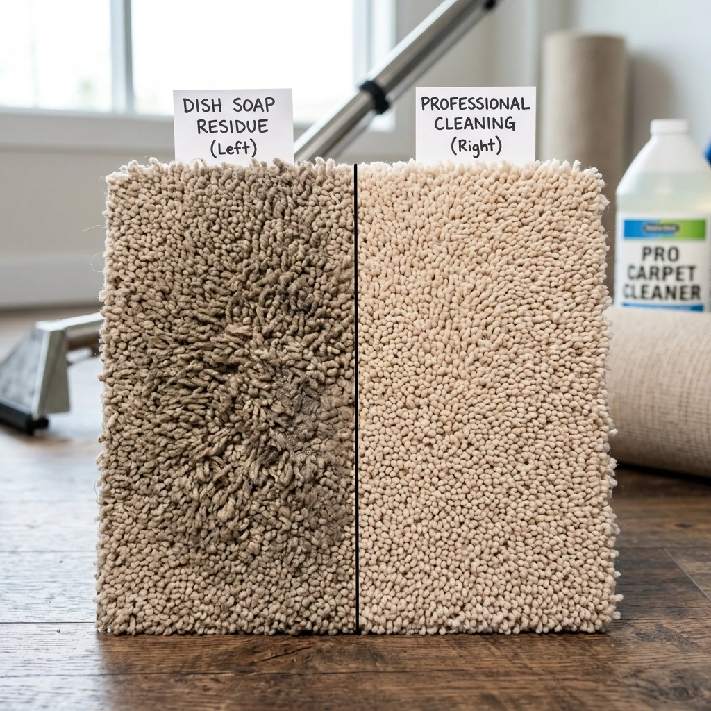 Side-by-side carpet sample showing residue buildup from dish soap versus residue-free professional cleaning.
