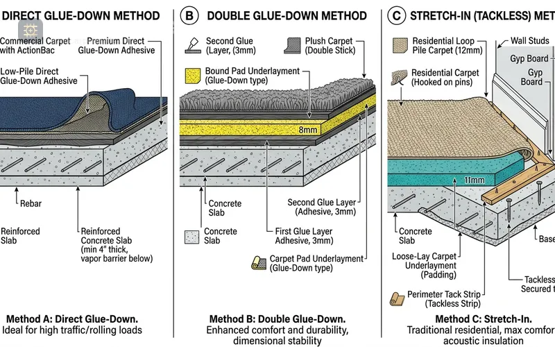 Cross-section diagram comparing direct glue-down, double glue-down, and stretch-in commercial carpet installation systems on concrete