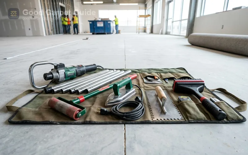Commercial carpet installer tool fleet including power stretcher, seam iron, loop pile cutter, and row finder on job site