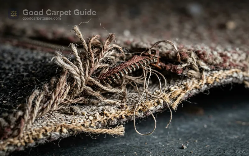 Macro close-up photo of a zippered carpet seam showing loose face fibers unraveling along unsealed cut edge