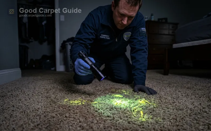 365 nm UV-A inspection revealing sub-surface pet urine salt deposits on carpet backing