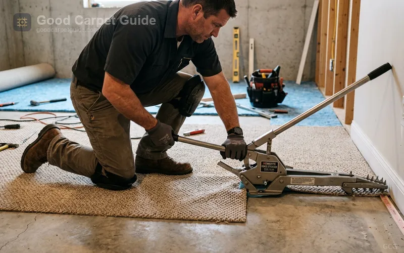 A power stretcher delivers the wall-to-wall tension needed to keep carpet from wrinkling over large basement spans.