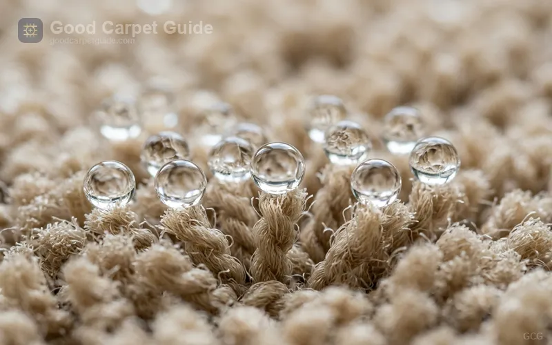 Water droplets beading on treated carpet fiber comparison
