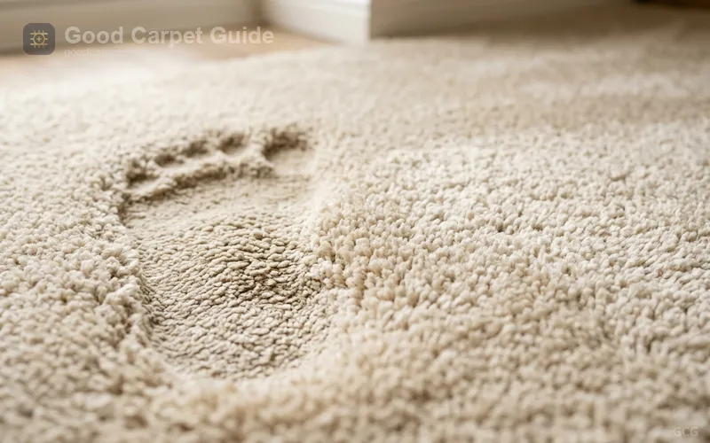 Close-up of plush cut-pile carpet showing a visible footprint indentation next to an unmarked section — normal behavior excluded from Phenix warranty coverage