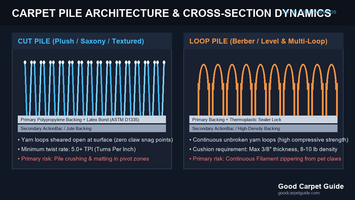 Cut pile vs loop pile carpet cross-section comparison