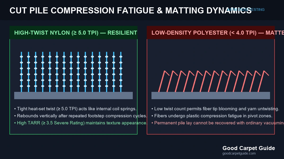 Cut pile compression fatigue and fiber tip blooming in pivot zones