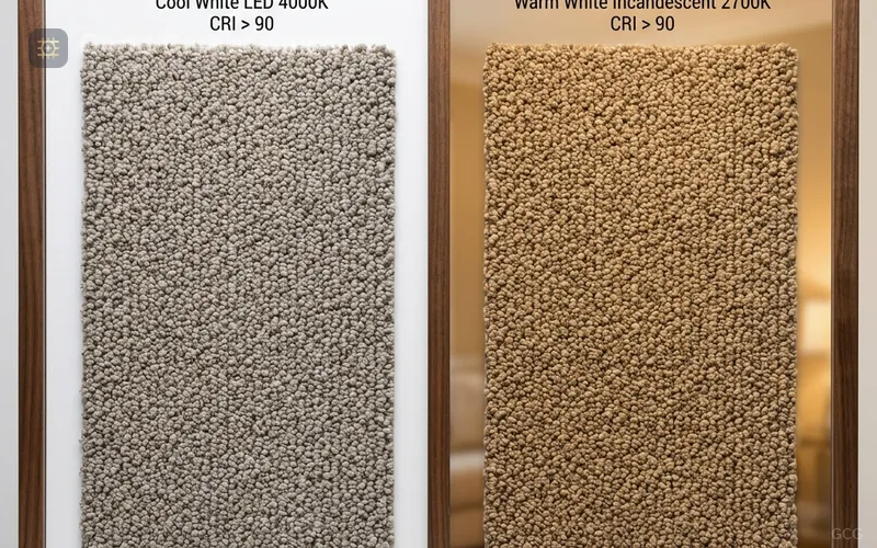 carpet sample viewed under showroom and home lighting