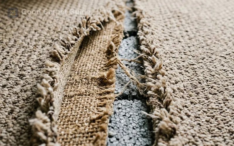 Carpet seam ripped apart repair showing backing exposure and edge alignment
