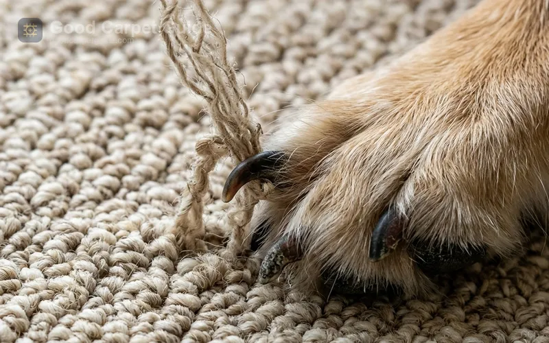 Dog claw snagging and damaging a loop pile Berber carpet