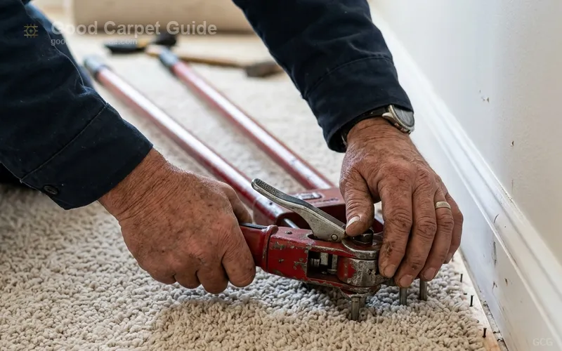 Professional carpet installation crew using power stretcher and seam equipment