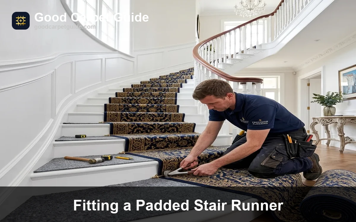 Installer fitting carpet runner and padding on custom staircase