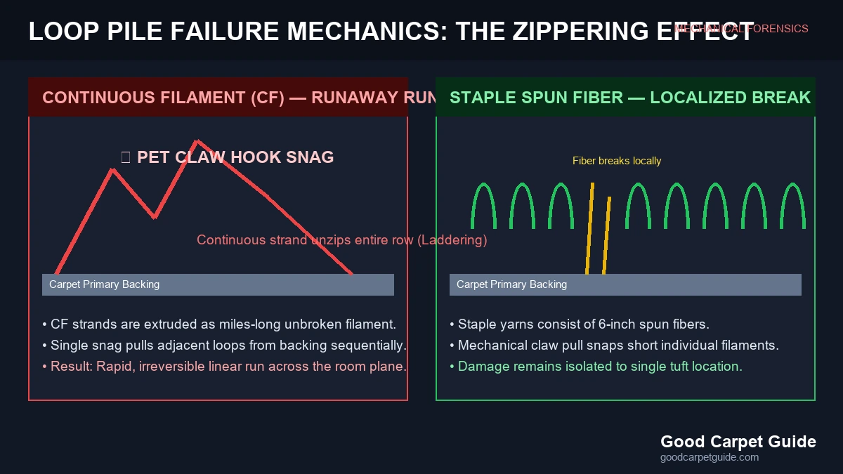 Continuous filament loop pile zippering and snagging failure
