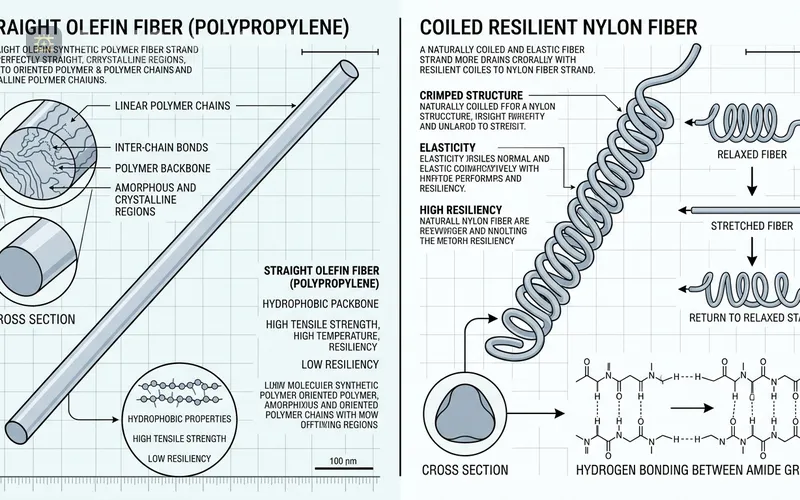 Cross-section diagram of a straight olefin fiber strand next to a coiled nylon fiber strand