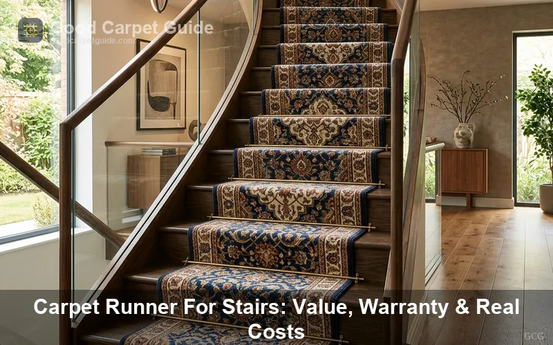 A continuous patterned carpet runner installed on a hardwood staircase