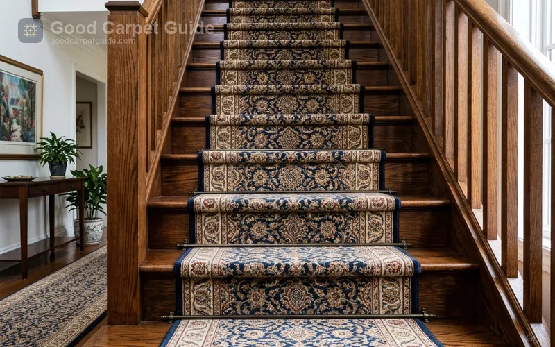 Alt text: Continuous carpet runner installed on straight hardwood staircase with tack strip attachment