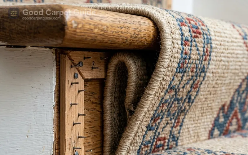 Alt text: Close-up of stair nose junction showing tack strip placement and carpet tuck depth on hardwood stair