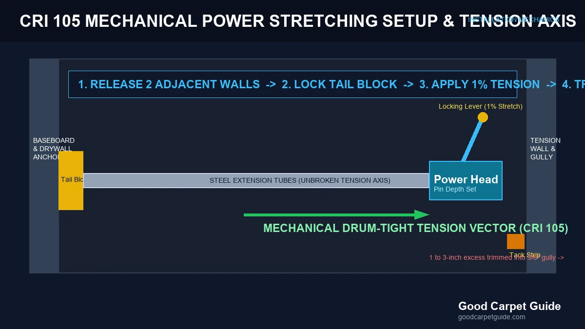 CRI 105 Mechanical Power Stretcher Setup and Tension Axis Diagram