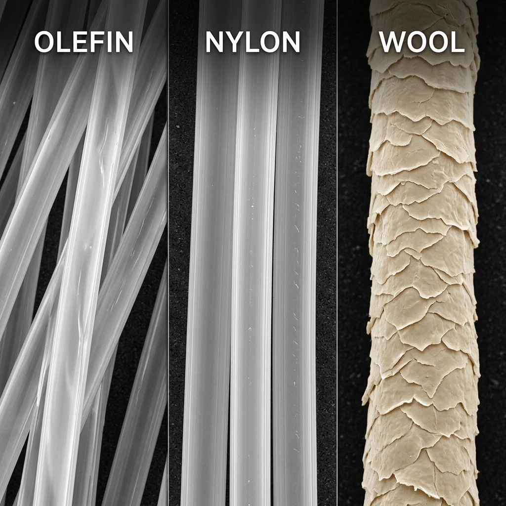 Laboratory comparison showing olefin, nylon, and wool fibers under magnification highlighting structural differences.