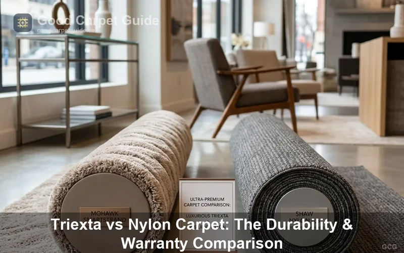 A stunning showroom displaying premium rolls of Mohawk SmartStrand Triexta and Shaw Nylon carpet