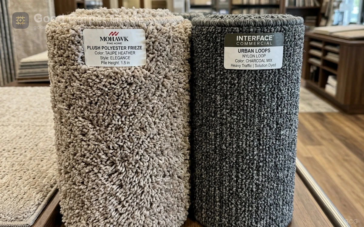 Retail carpet display showing thick soft polyester samples beside commercial-grade nylon loop carpet.
