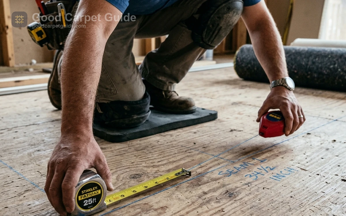Installer measuring carpet layout manually with chalk lines and seam planning marks.