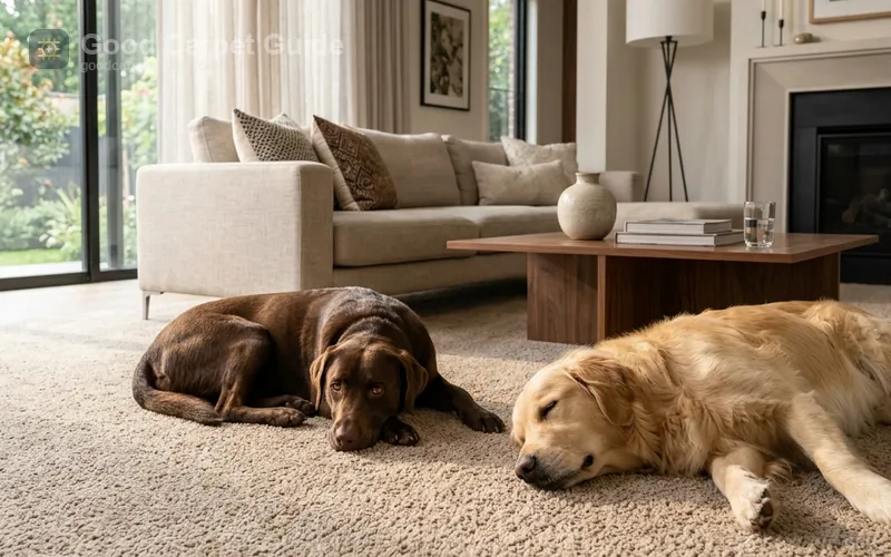 Nylon cut pile carpet installed in a family room with dogs