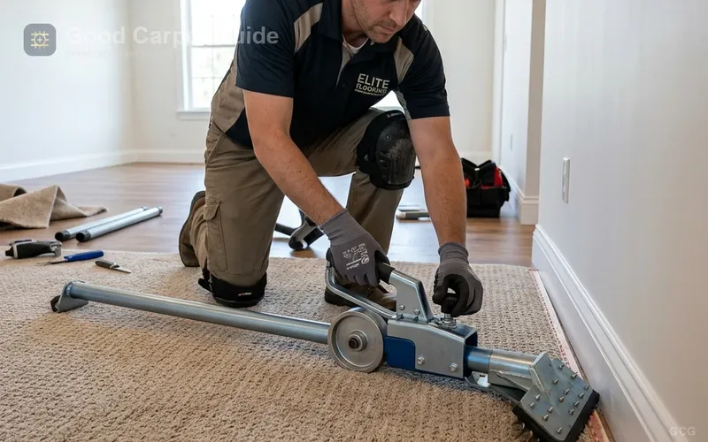 An installer using a professional power stretcher on rigid-backed carpet during wall-to-wall installation
