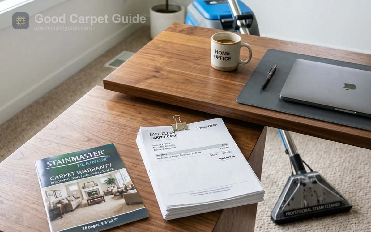 Warranty booklet beside carpet cleaning receipts and commercial extraction machine.