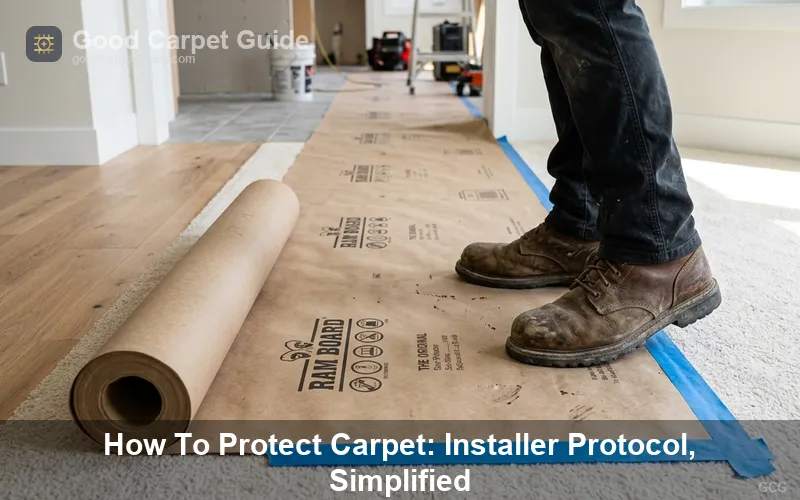 An installer preparing a carpeted doorway transition for protection