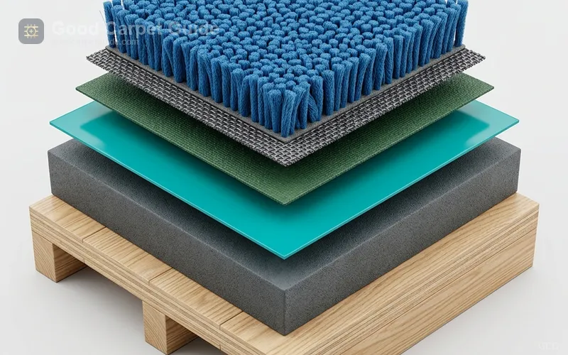 Cross section showing carpet fiber, backing, padding and subfloor