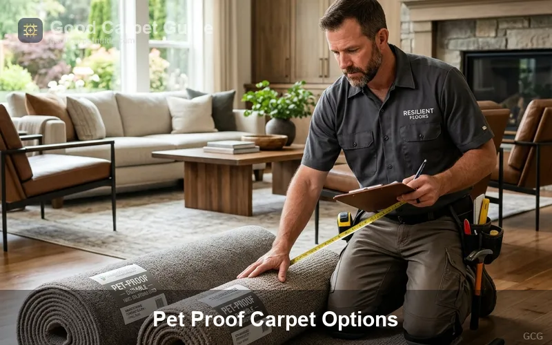 A professional installer evaluating pet proof carpet options in a residential living room