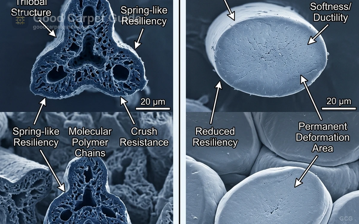 Cross-section comparison between nylon carpet fibers and solution-dyed polyester carpet fibers.