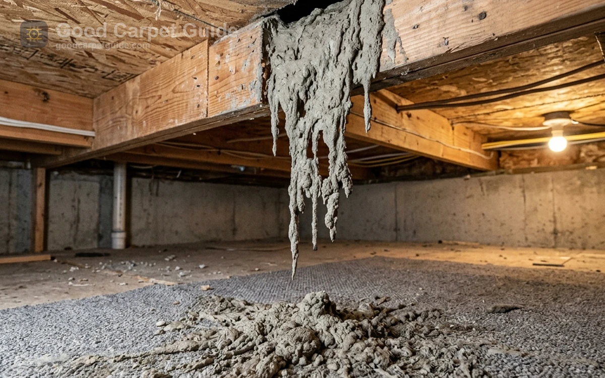 Self-leveling concrete hardened into basement carpet fibers below an upstairs flooring installation.