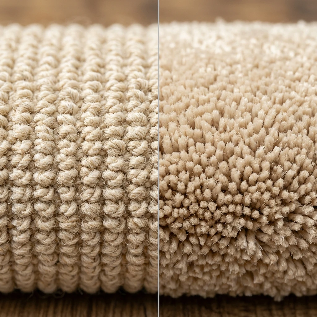 Close-up microscopic comparison showing loop pile architecture beside cut-pile carpet fibers under directional lighting.