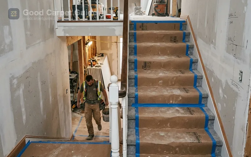 Ram Board fiberboard panels installed over a carpeted staircase during an active construction project