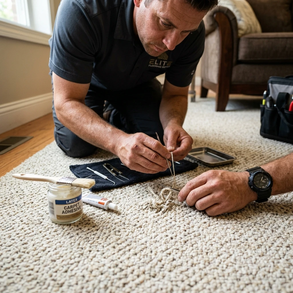 Installer repairing a snagged Berber loop with specialized tools rather than hot glue.