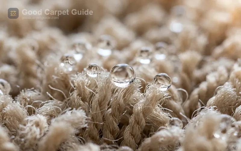A close-up of Triexta carpet fiber cross-section showing liquid beading on the surface before absorption