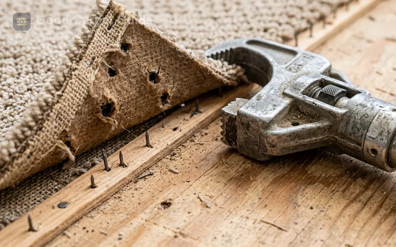 Close-up of a carpet edge pulled back from a tack strip showing pinholes and a power stretcher head